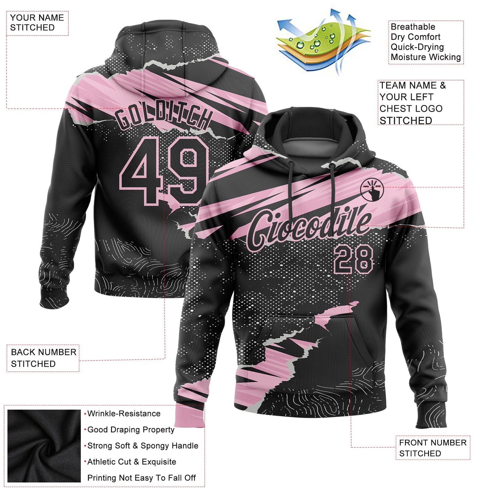 Custom Stitched Black Light Pink 3D Pattern Design Torn Paper Style Sports Pullover Sweatshirt Hoodie view 2