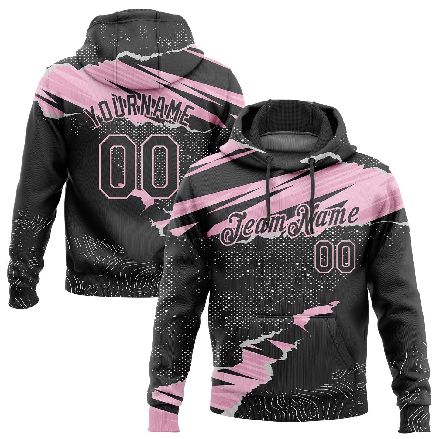 Custom Stitched Black Light Pink 3D Pattern Design Torn Paper Style Sports Pullover Sweatshirt Hoodie - Main View