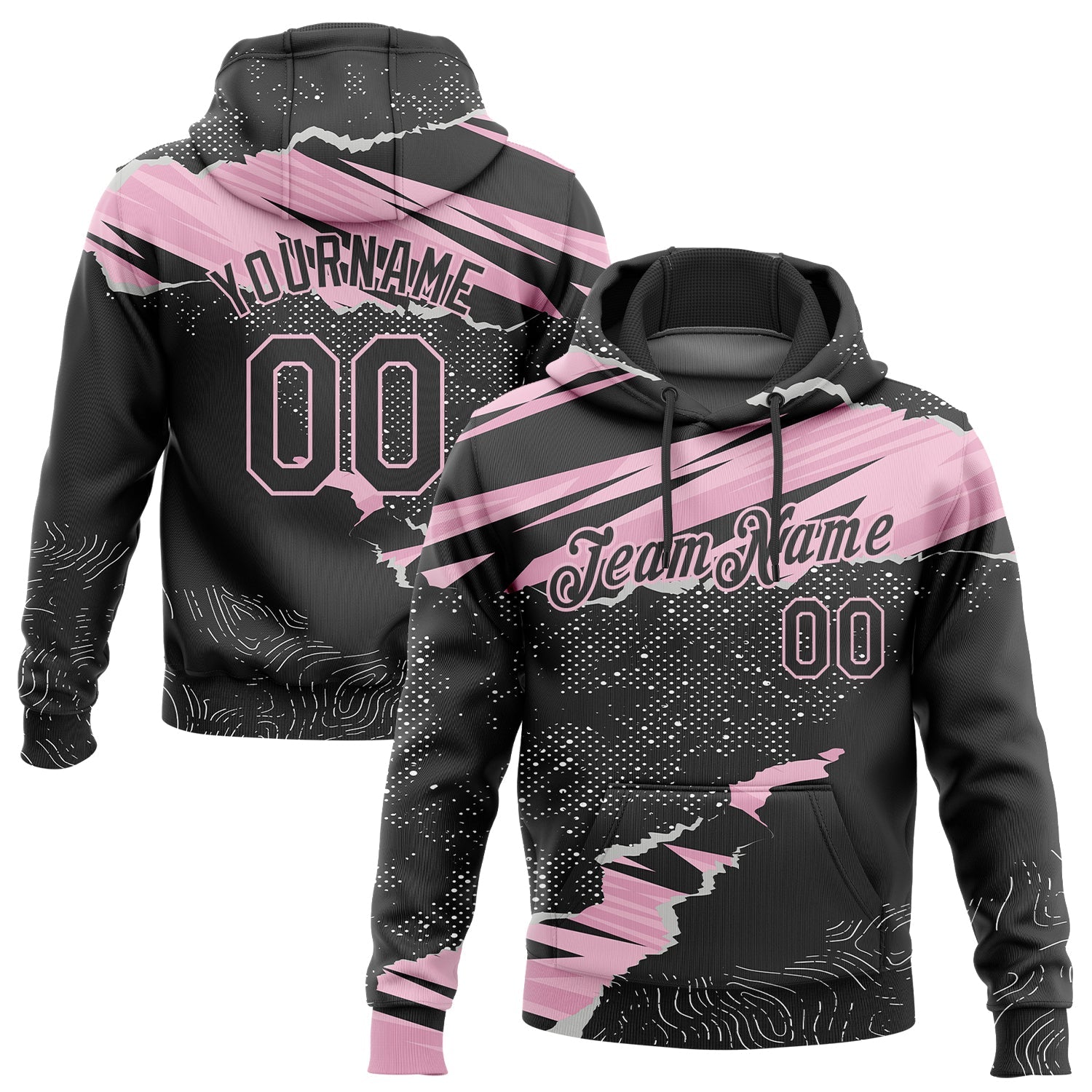 Custom Stitched Black Light Pink 3D Pattern Design Torn Paper Style Sports Pullover Sweatshirt Hoodie - Main View