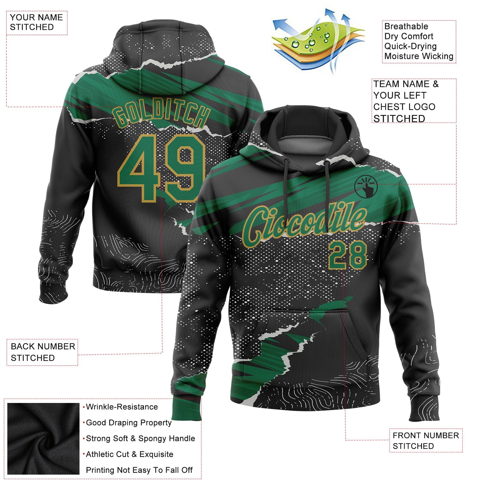 Custom Stitched Black Kelly Green-Old Gold 3D Pattern Design Torn Paper Style Sports Pullover Sweatshirt Hoodie view 2