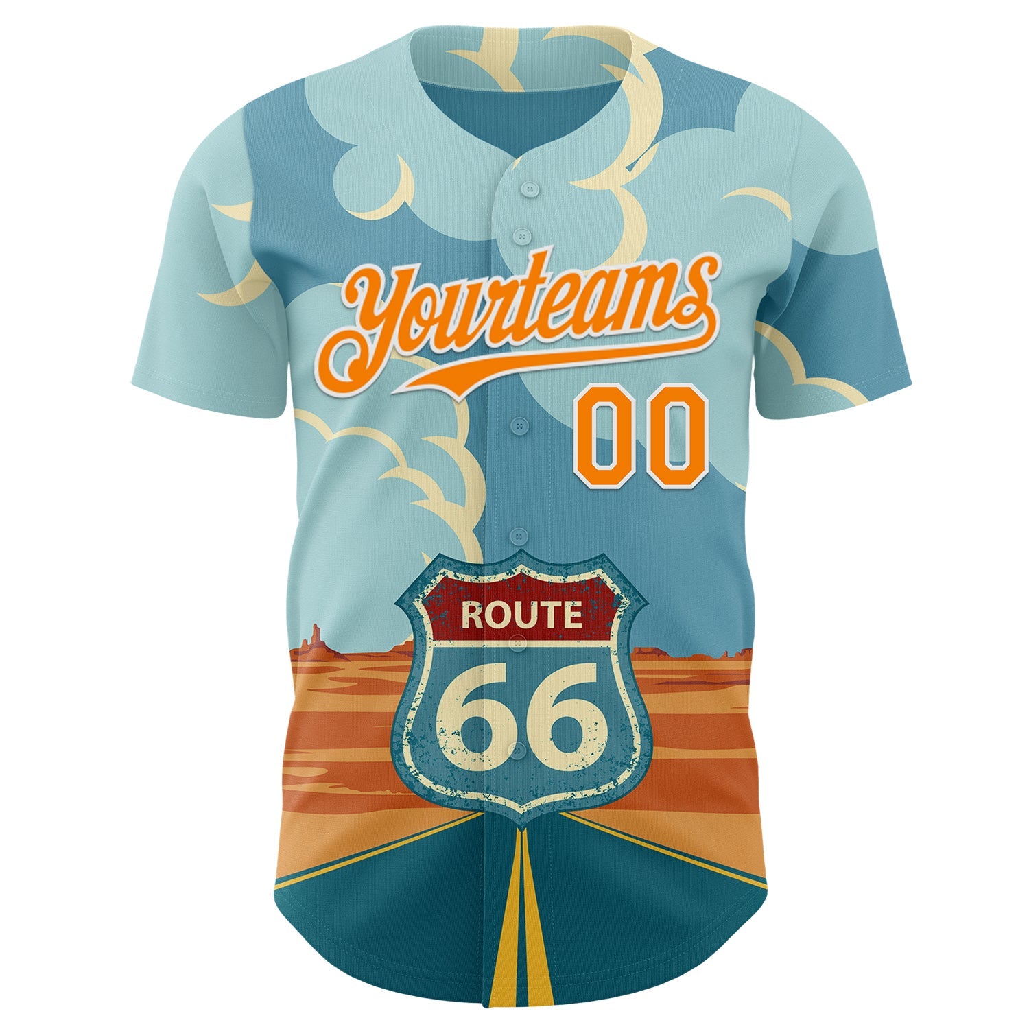 Custom Blue Bay Orange-White Route 66 Desert Americana Road Trip Authentic Baseball Jersey view 2
