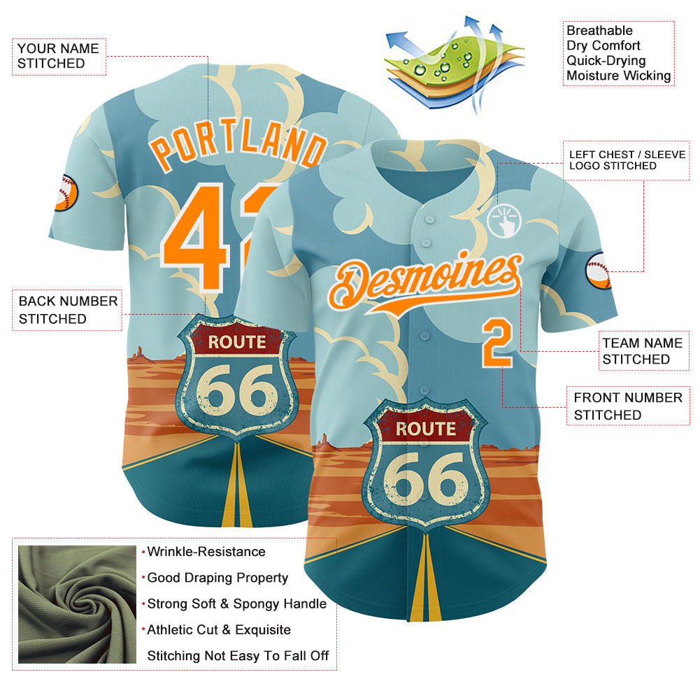 Custom Blue Bay Orange-White Route 66 Desert Americana Road Trip Authentic Baseball Jersey view 3