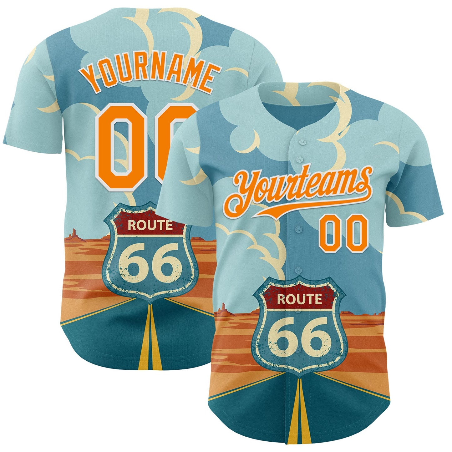 Custom Blue Bay Orange-White Route 66 Desert Americana Road Trip Authentic Baseball Jersey - Main View