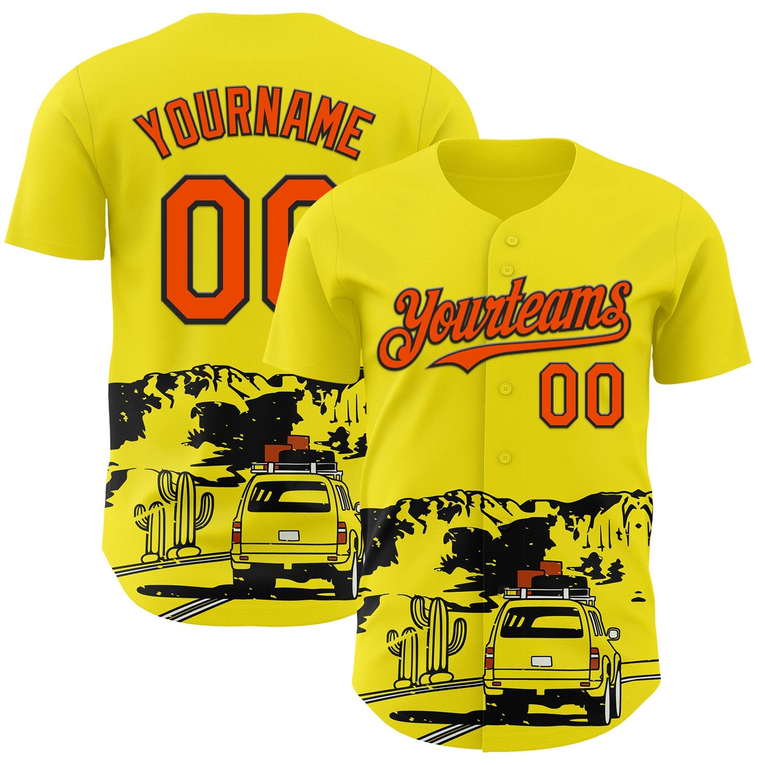 Custom Light Yellow Orange-Black Route 66 Desert Americana Road Trip Authentic Baseball Jersey - Main View