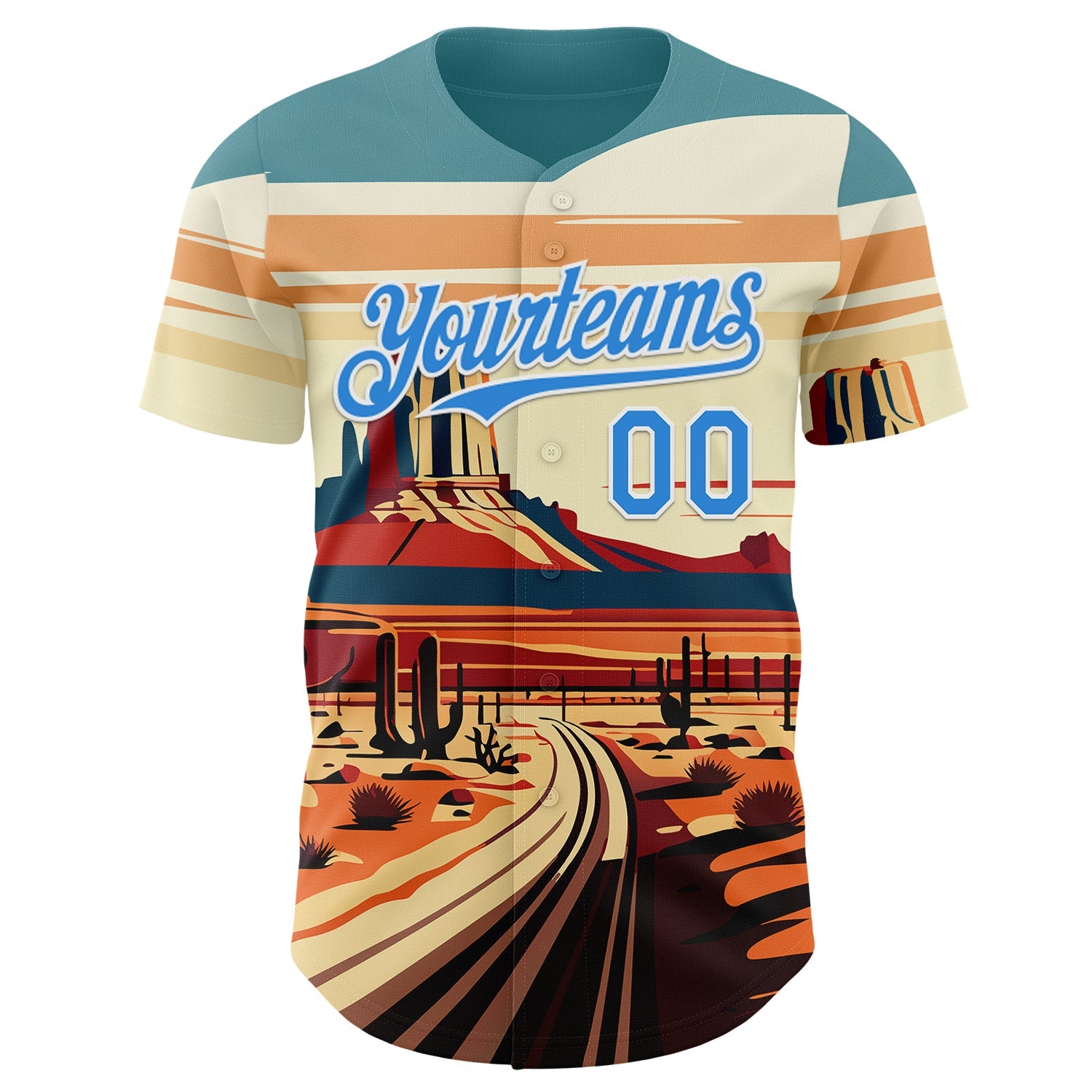 Custom Blue Electric Blue-White Route 66 Desert Americana Road Trip Authentic Baseball Jersey view 2