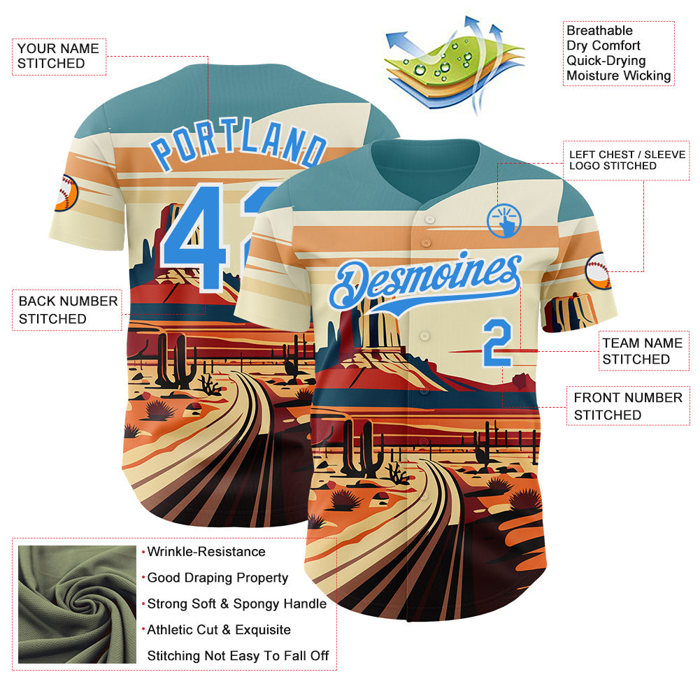 Custom Blue Electric Blue-White Route 66 Desert Americana Road Trip Authentic Baseball Jersey view 3