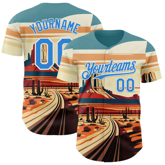 Custom Blue Electric Blue-White Route 66 Desert Americana Road Trip Authentic Baseball Jersey - Main View