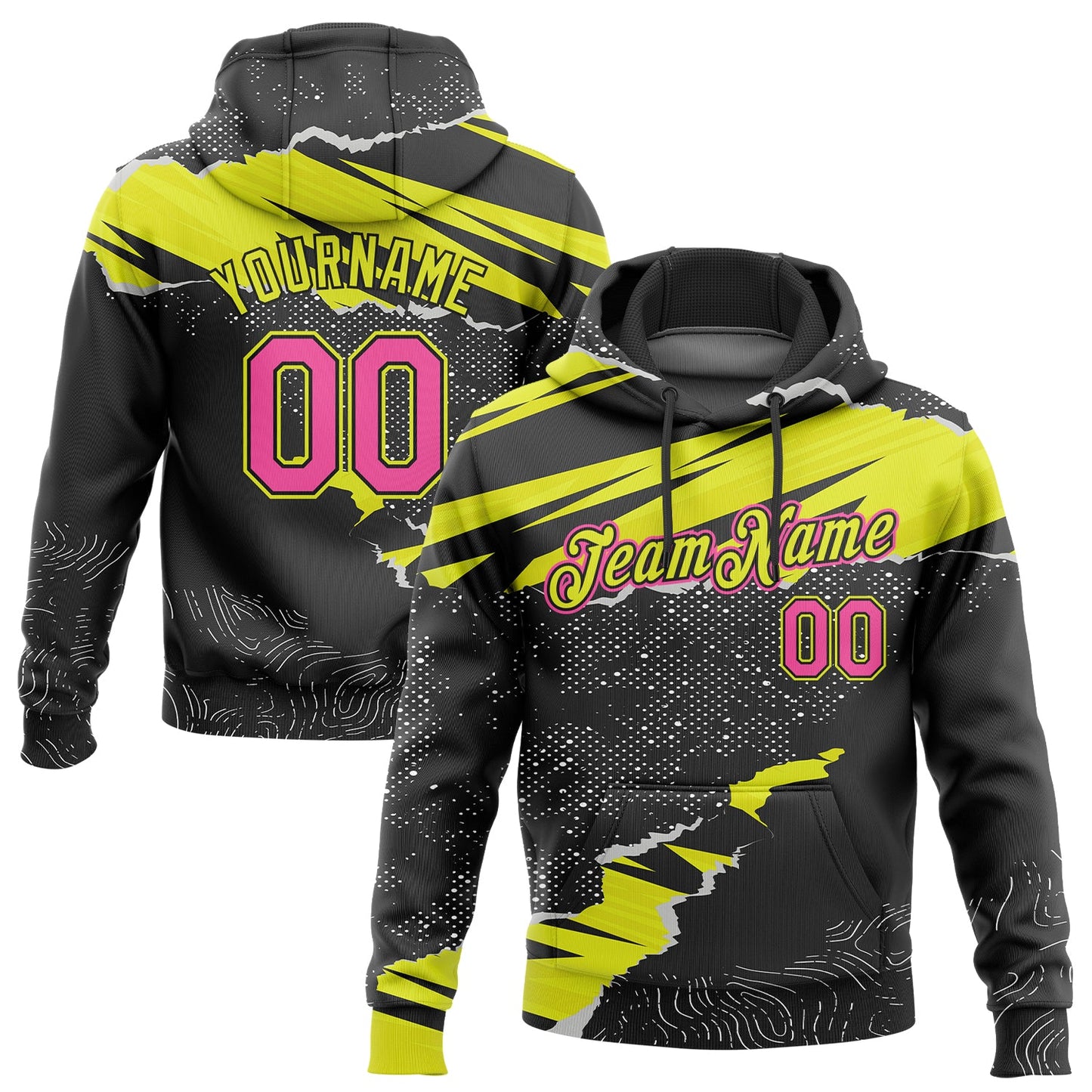 Custom Stitched Black Pink-Neon Yellow 3D Pattern Design Torn Paper Style Sports Pullover Sweatshirt Hoodie - Main View