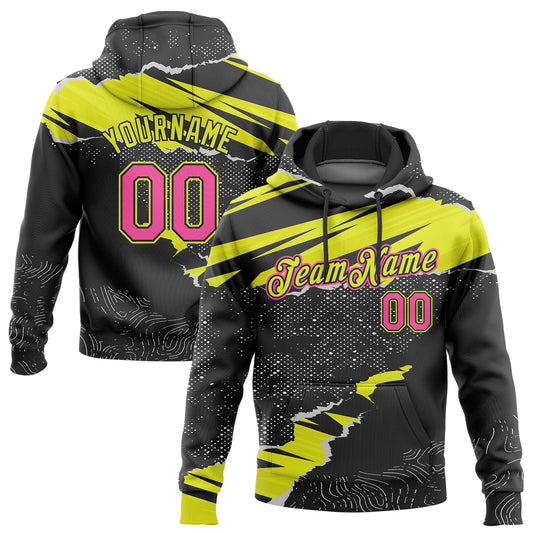 Custom Stitched Black Pink-Neon Yellow 3D Pattern Design Torn Paper Style Sports Pullover Sweatshirt Hoodie - Main View