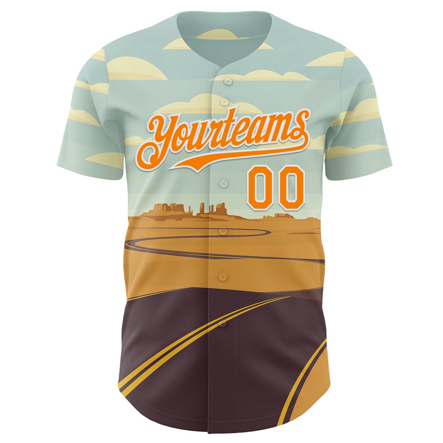 Custom Blue Bay Orange-White Route 66 Desert Americana Road Trip Authentic Baseball Jersey view 2