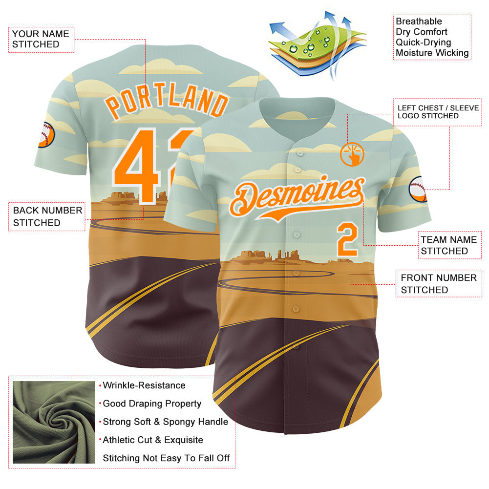 Custom Blue Bay Orange-White Route 66 Desert Americana Road Trip Authentic Baseball Jersey view 3