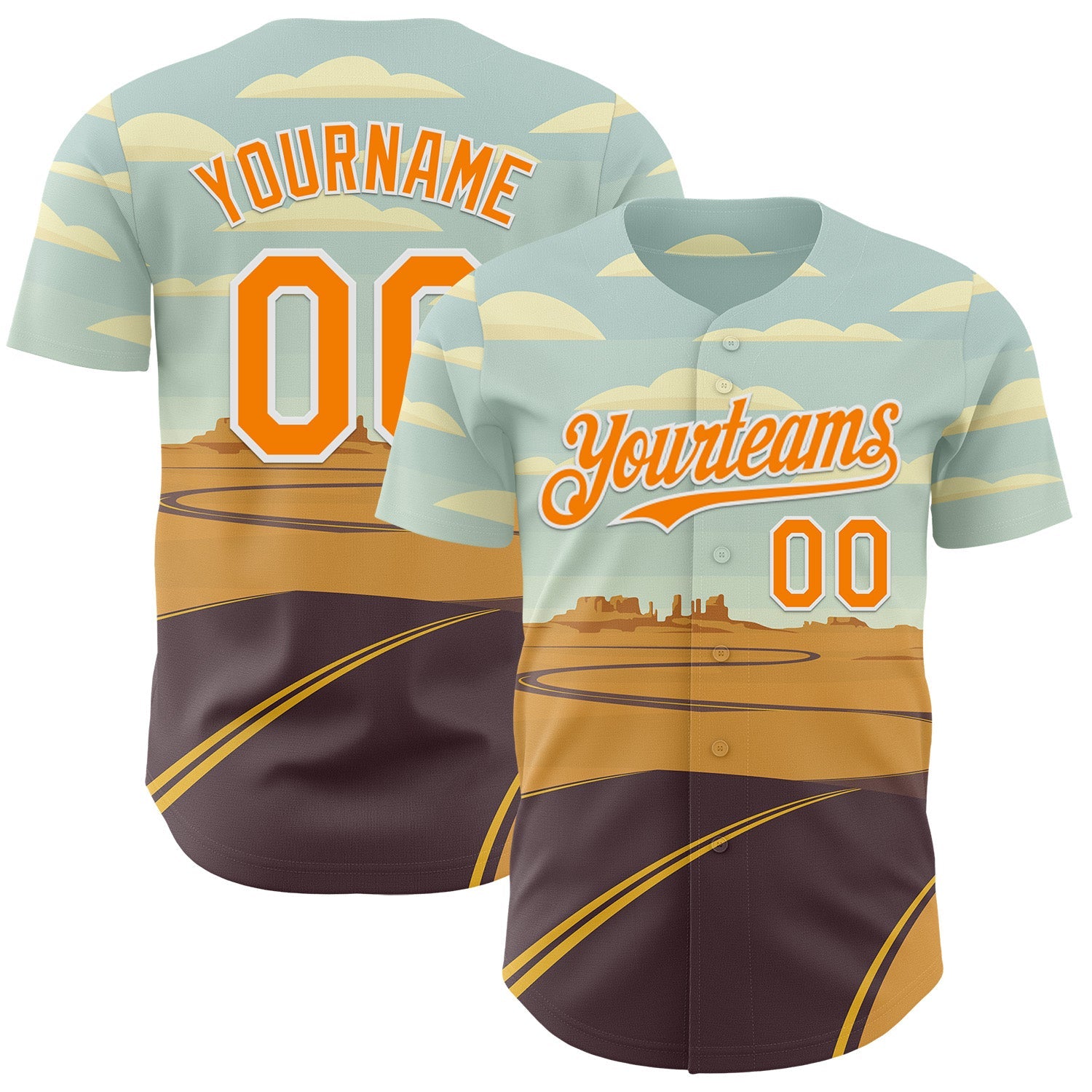 Custom Blue Bay Orange-White Route 66 Desert Americana Road Trip Authentic Baseball Jersey - Main View