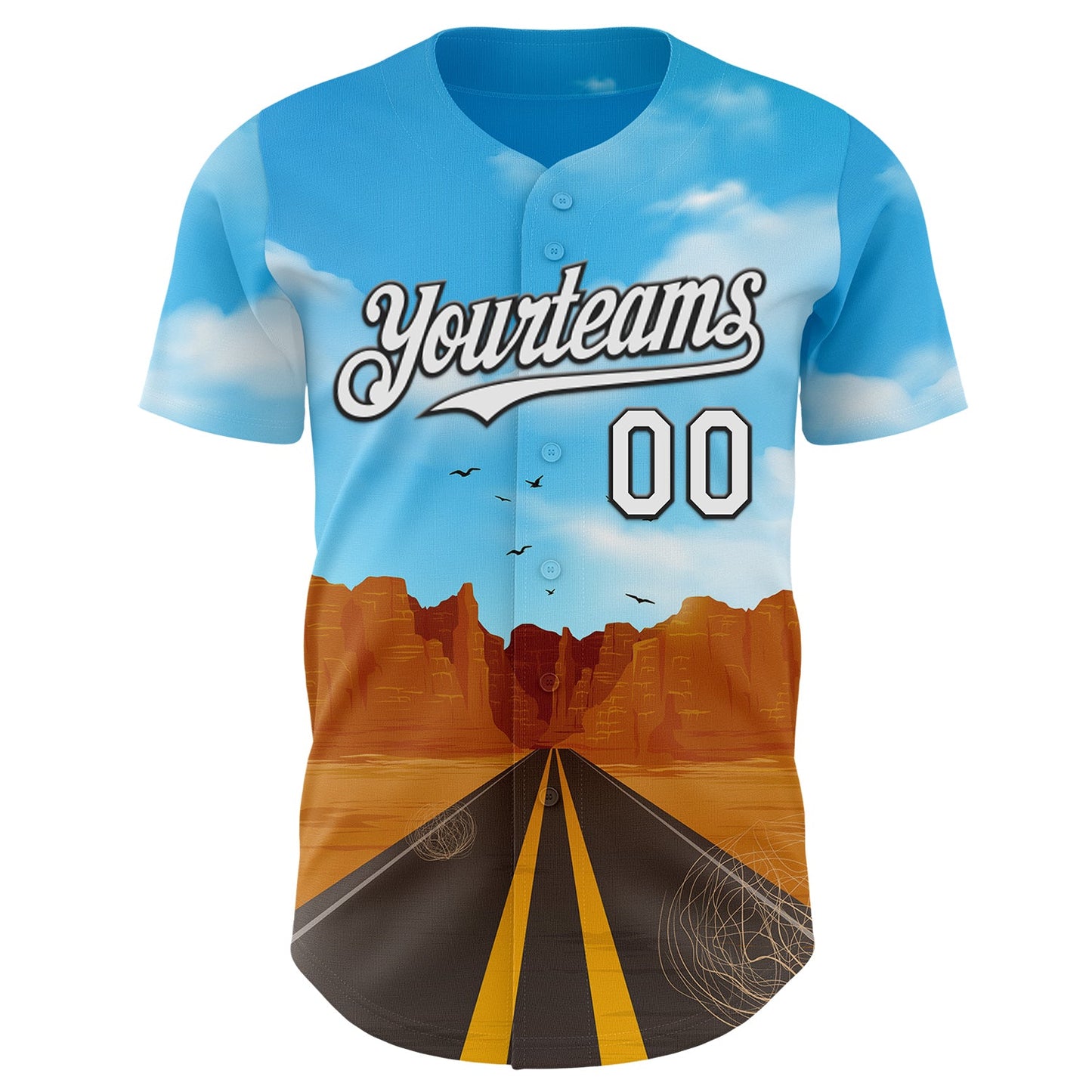 Custom Blue White-Black Route 66 Desert Highway Americana Road Trip Authentic Baseball Jersey view 2