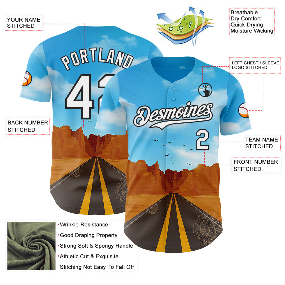 Custom Blue White-Black Route 66 Desert Highway Americana Road Trip Authentic Baseball Jersey view 3