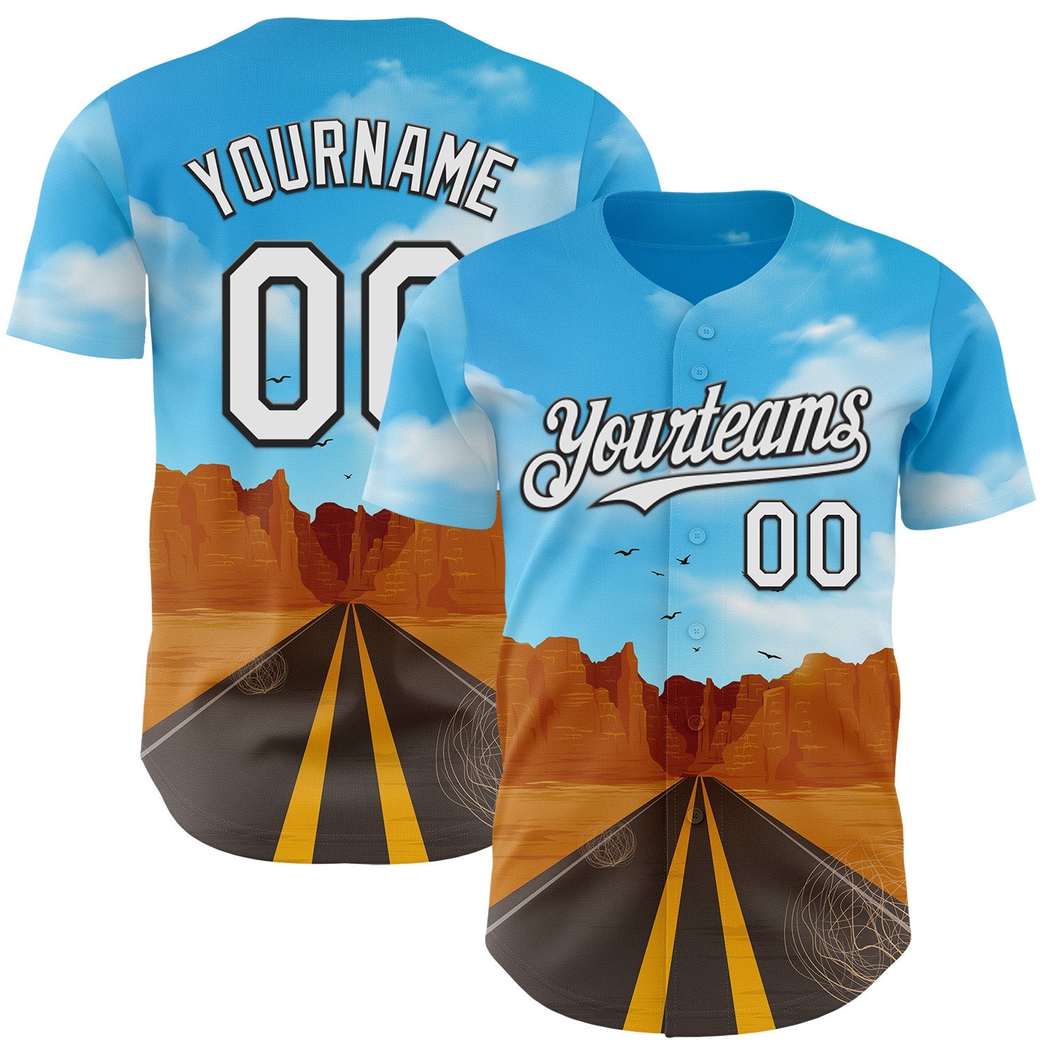 Custom Blue White-Black Route 66 Desert Highway Americana Road Trip Authentic Baseball Jersey - Main View