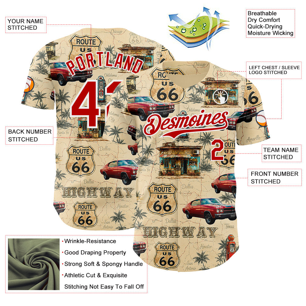 Custom City Cream Red-White Route 66 Americana Road Trip Authentic Baseball Jersey view 3