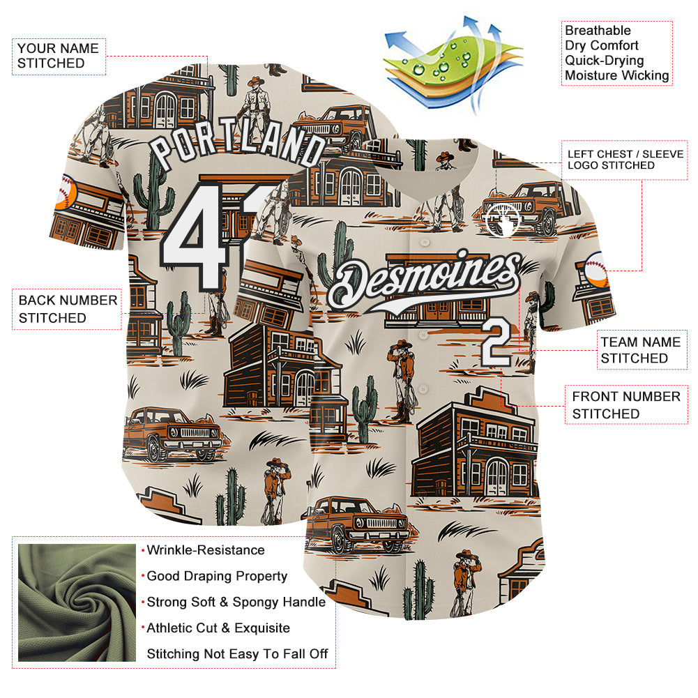 Custom  City Cream White-Black West Cowboy Americana Road Trip Authentic Baseball Jersey view 3