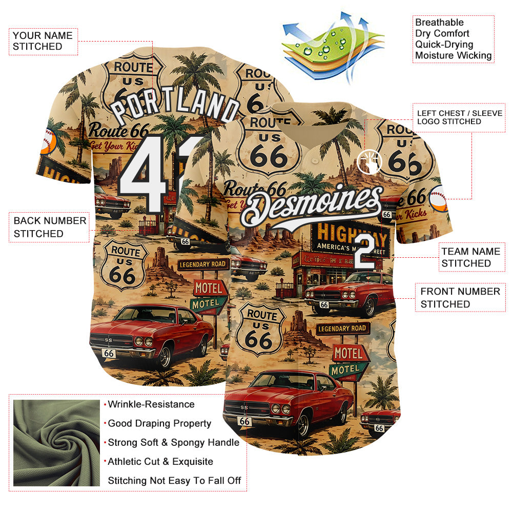 Custom Brown White-Black Route 66 Americana Road Trip Authentic Baseball Jersey view 3