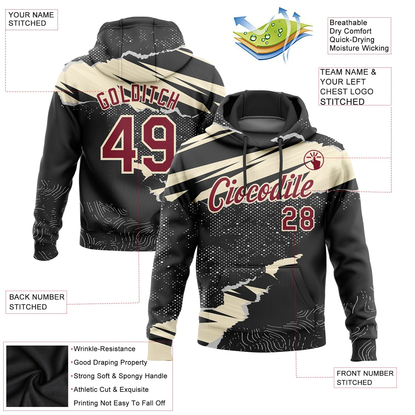 Custom Stitched Black Crimson-Cream 3D Pattern Design Torn Paper Style Sports Pullover Sweatshirt Hoodie view 2