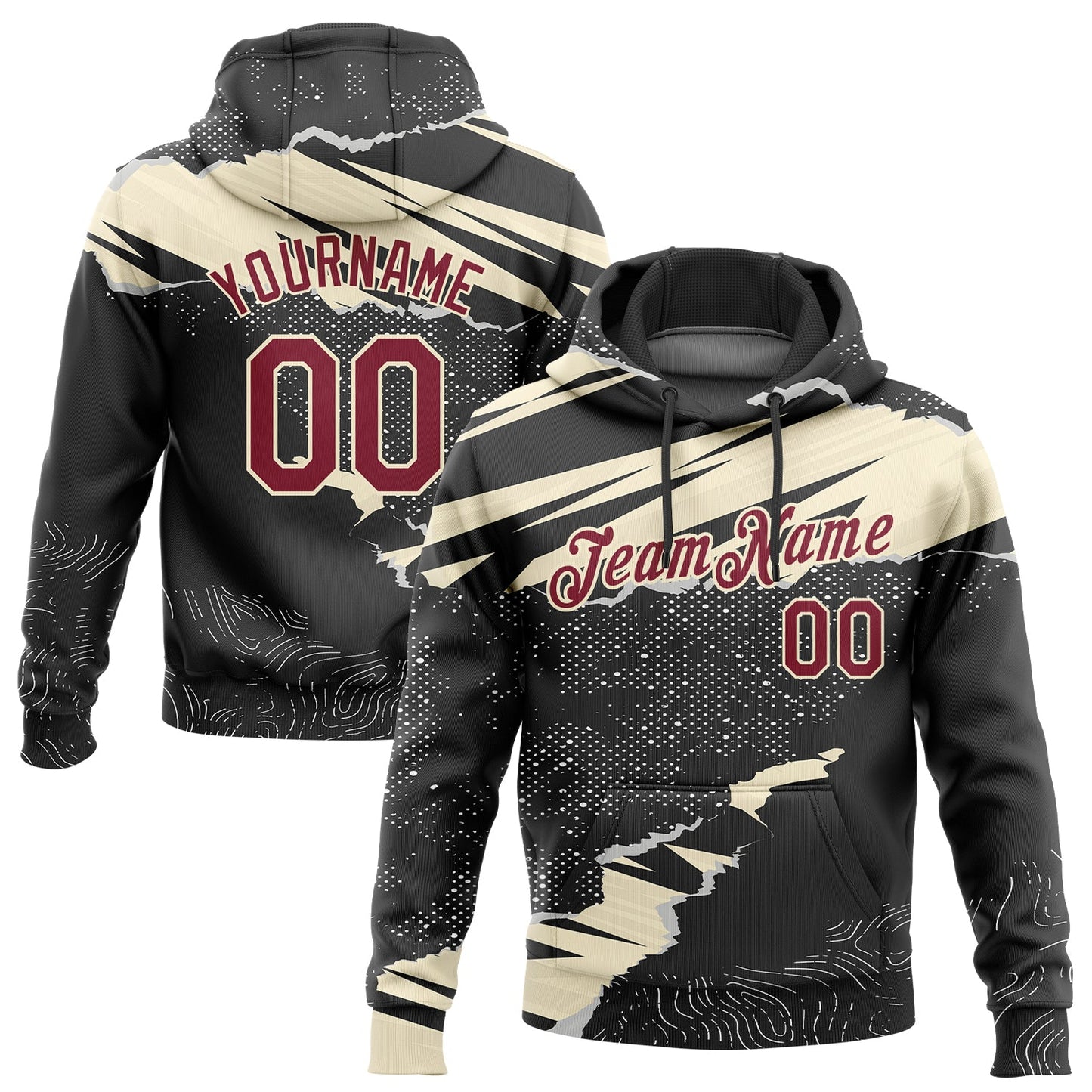 Custom Stitched Black Crimson-Cream 3D Pattern Design Torn Paper Style Sports Pullover Sweatshirt Hoodie - Main View