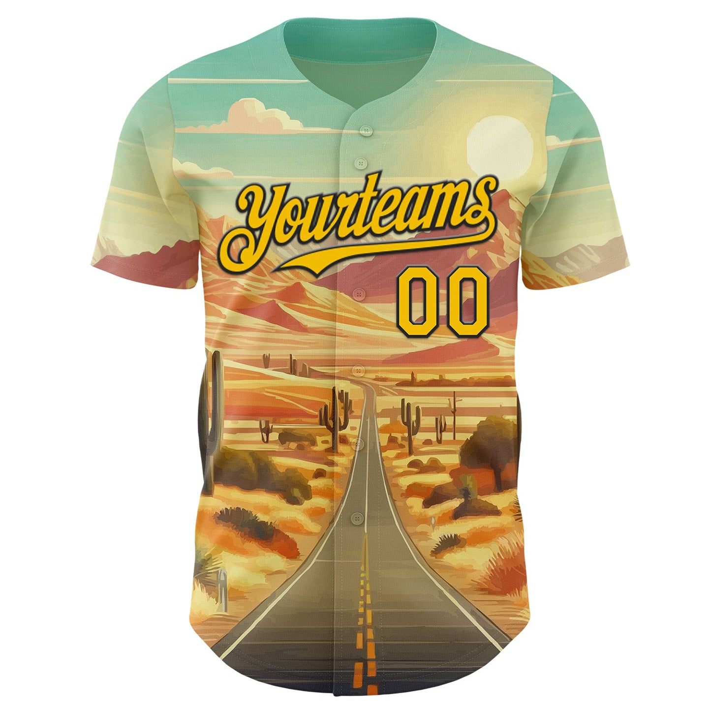 Custom Green Yellow-Black Desert Americana Road Trip Authentic Baseball Jersey view 2