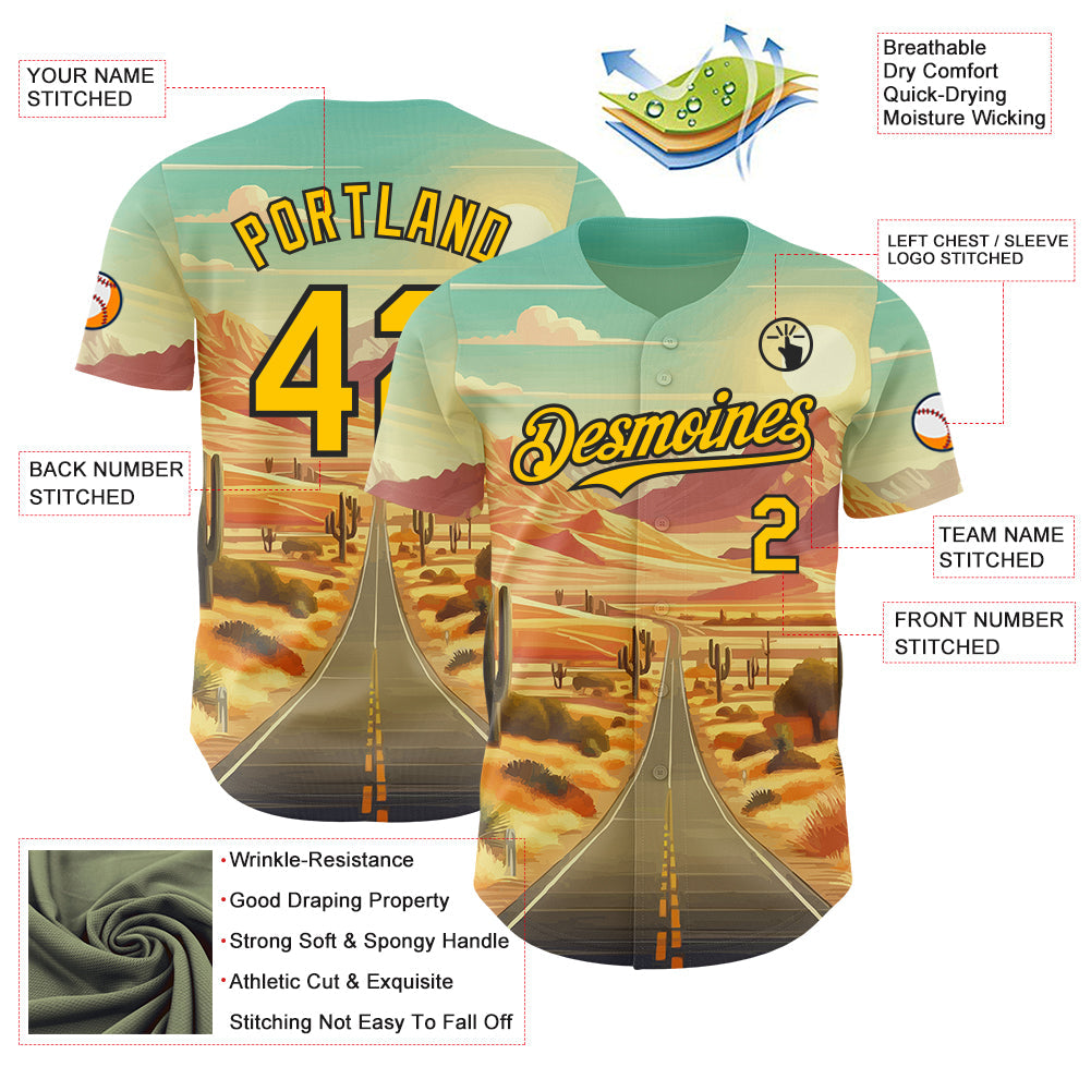Custom Green Yellow-Black Desert Americana Road Trip Authentic Baseball Jersey view 3