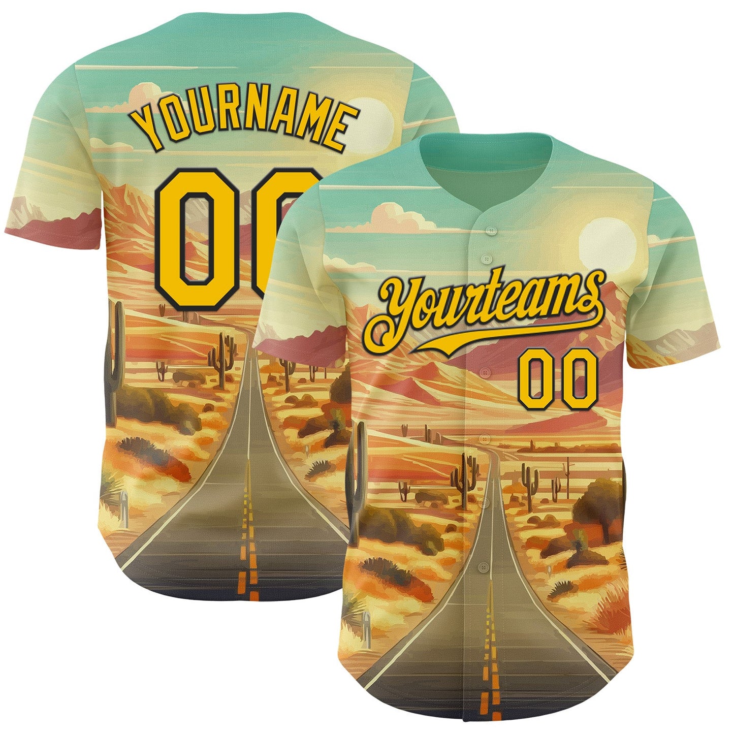 Custom Green Yellow-Black Desert Americana Road Trip Authentic Baseball Jersey - Main View