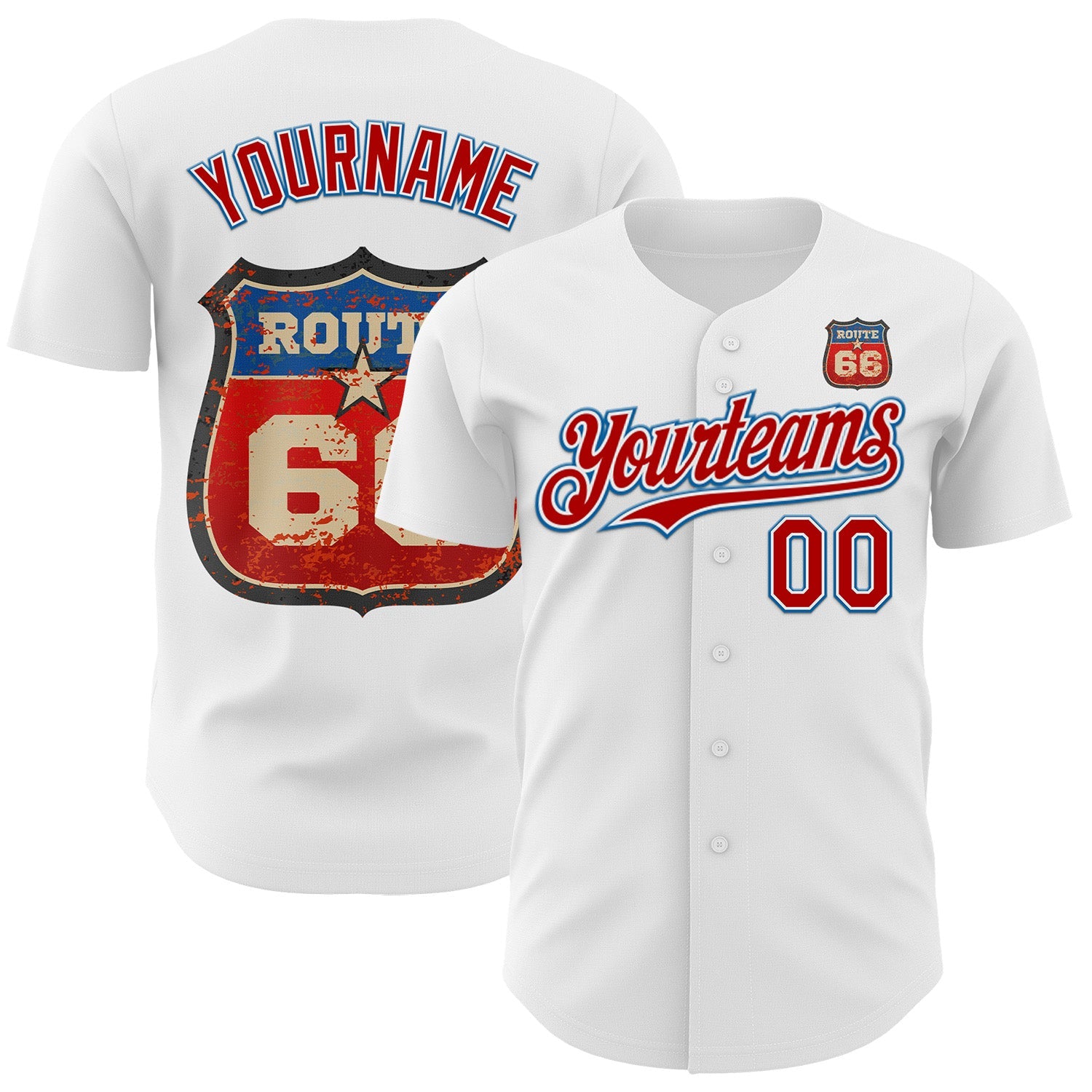 Custom White Red-Blue Route 66 Americana Road Trip Authentic Baseball Jersey - Main View