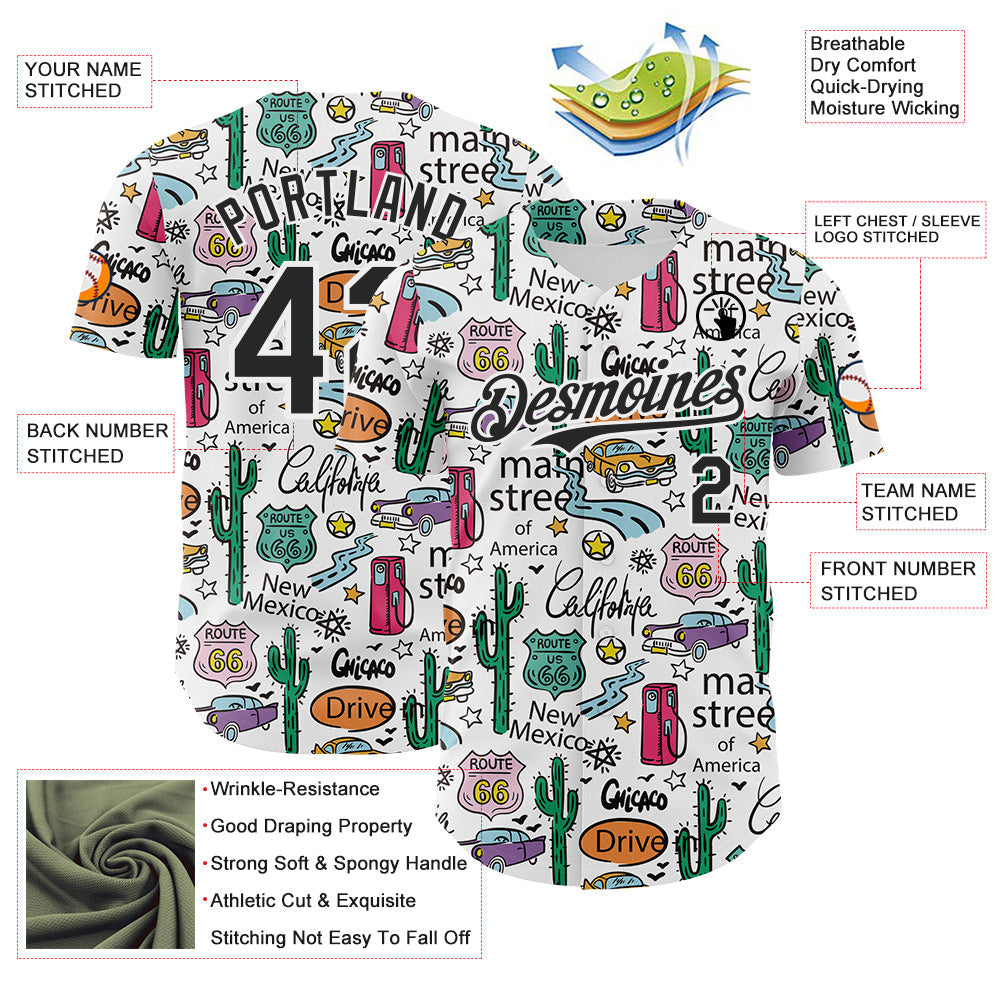 Custom White-Black Route 66 Americana Road Trip Authentic Baseball Jersey view 3