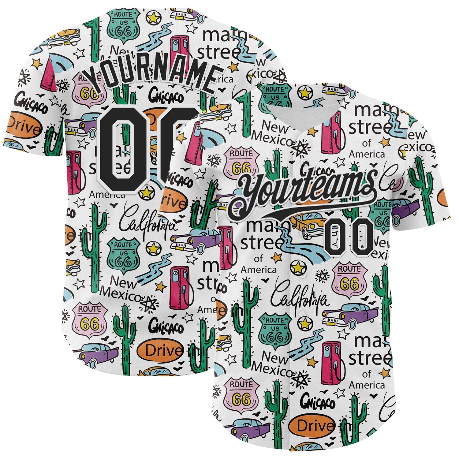 Custom White-Black Route 66 Americana Road Trip Authentic Baseball Jersey - Main View
