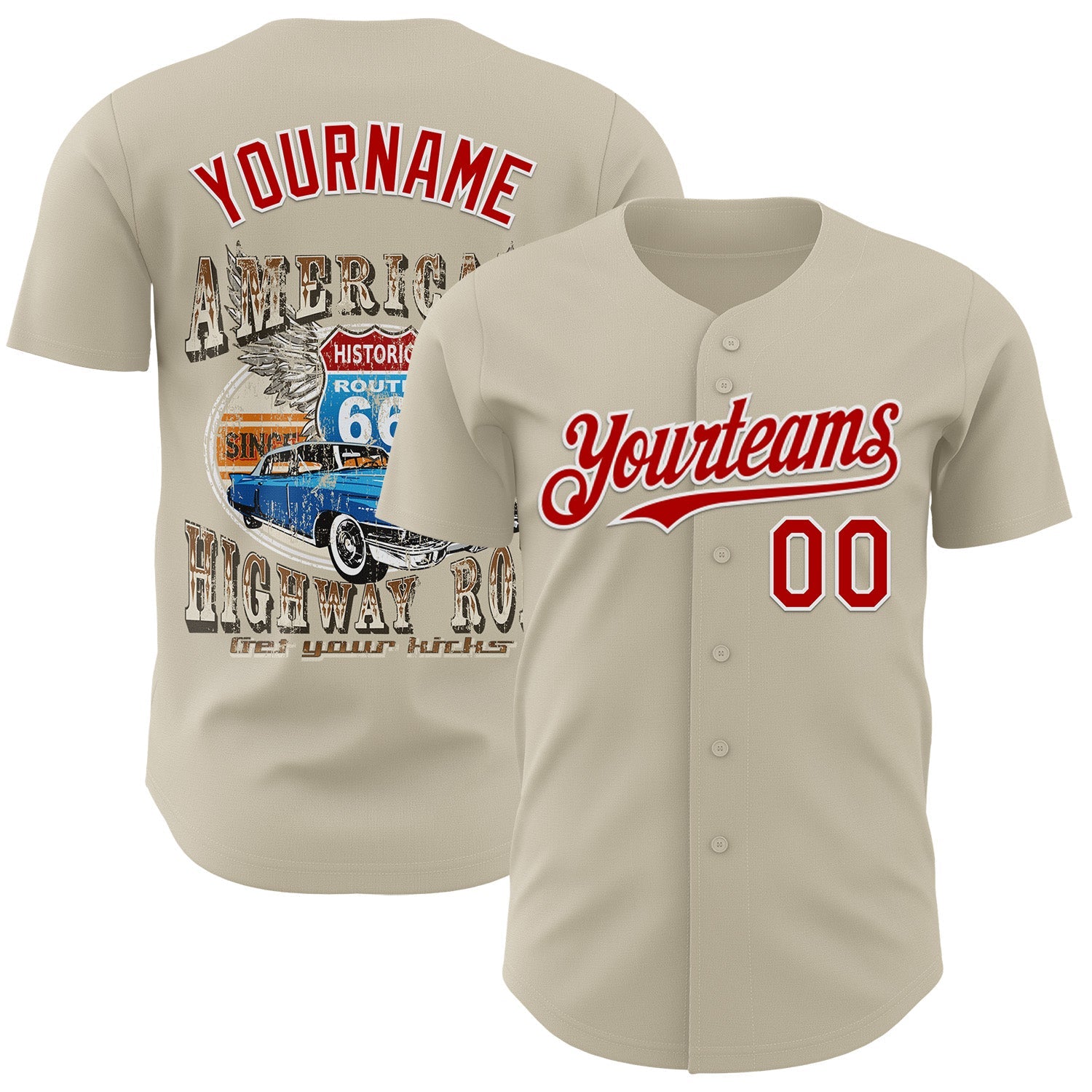 Custom Gray Red-White Route 66 Americana Road Trip Authentic Baseball Jersey - Main View