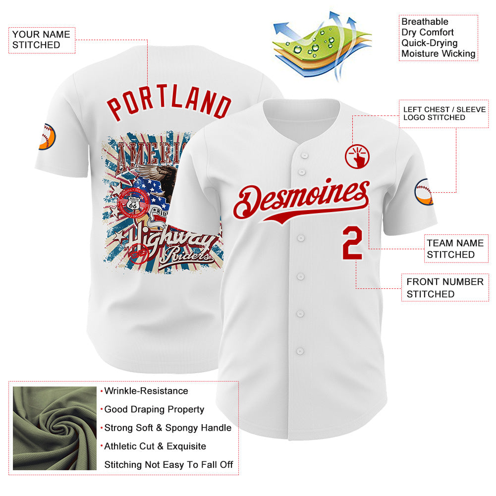 Custom White-Red Route 66 Highway Americana Road Trip Authentic Baseball Jersey view 3