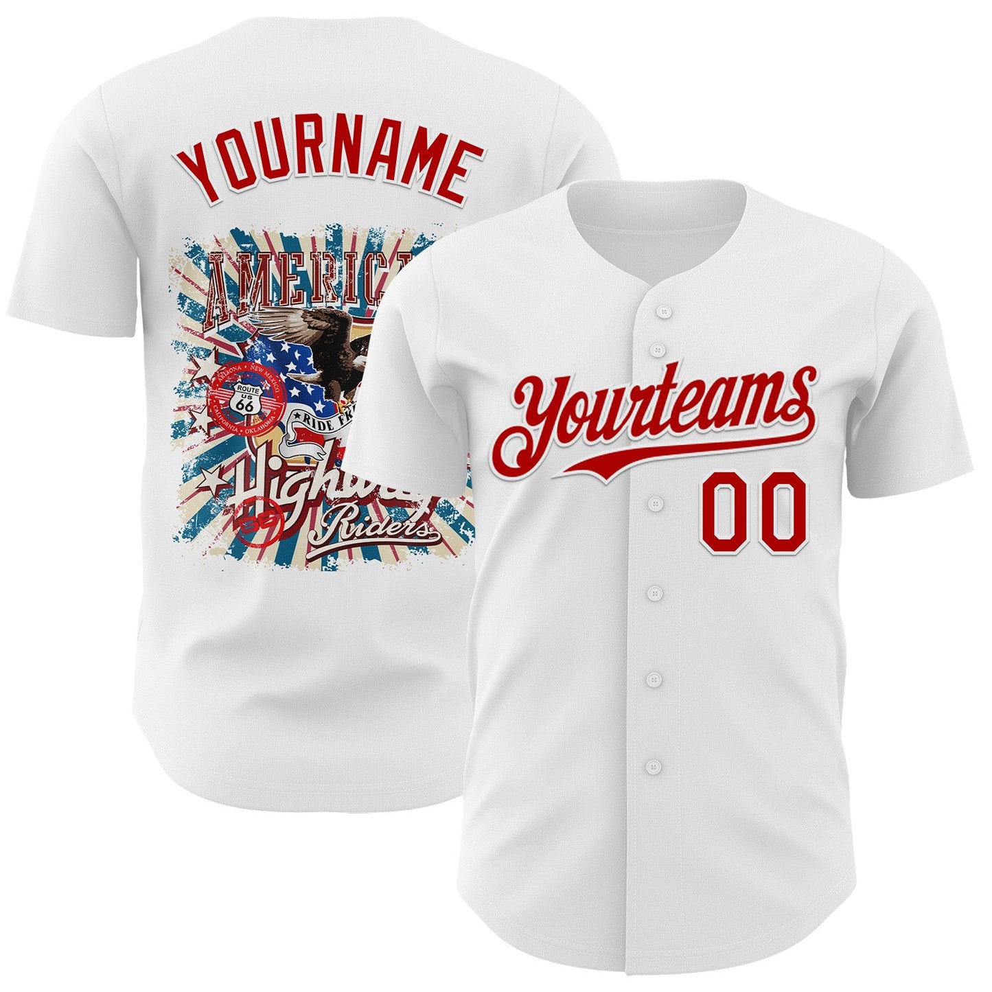 Custom White-Red Route 66 Highway Americana Road Trip Authentic Baseball Jersey - Main View