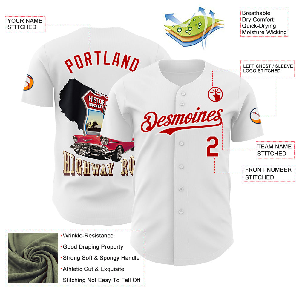 Custom White-Red Route 66 Highway Americana Road Trip Authentic Baseball Jersey view 3