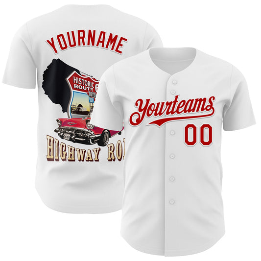 Custom White-Red Route 66 Highway Americana Road Trip Authentic Baseball Jersey - Main View