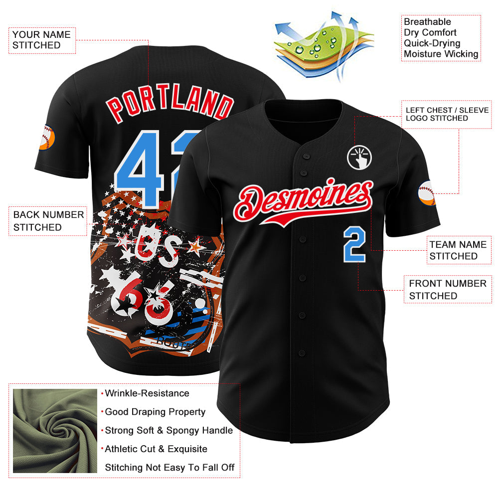 Custom Black Electric Blue White-Fire Red Route 66 Americana Road Trip Authentic Baseball Jersey view 3