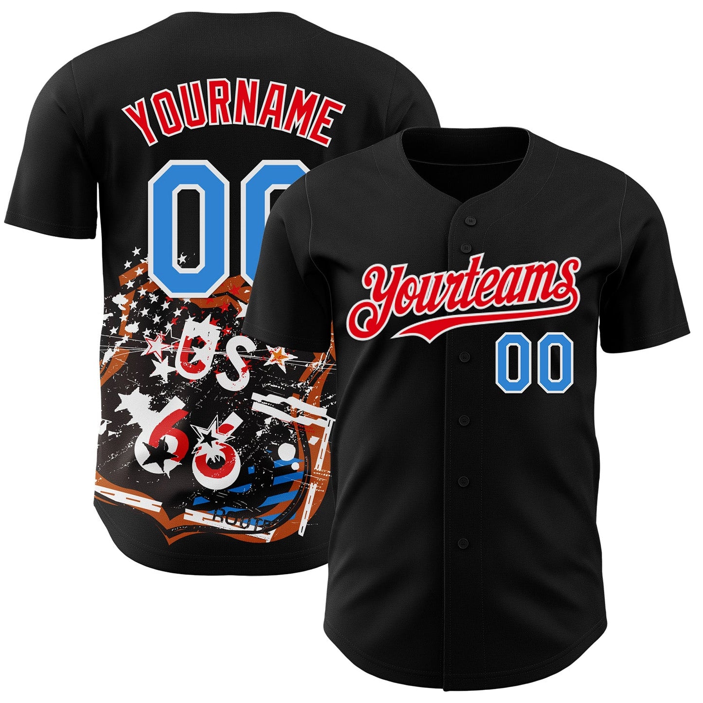 Custom Black Electric Blue White-Fire Red Route 66 Americana Road Trip Authentic Baseball Jersey - Main View