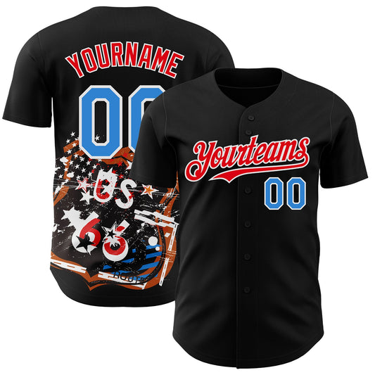 Custom Black Electric Blue White-Fire Red Route 66 Americana Road Trip Authentic Baseball Jersey - Main View