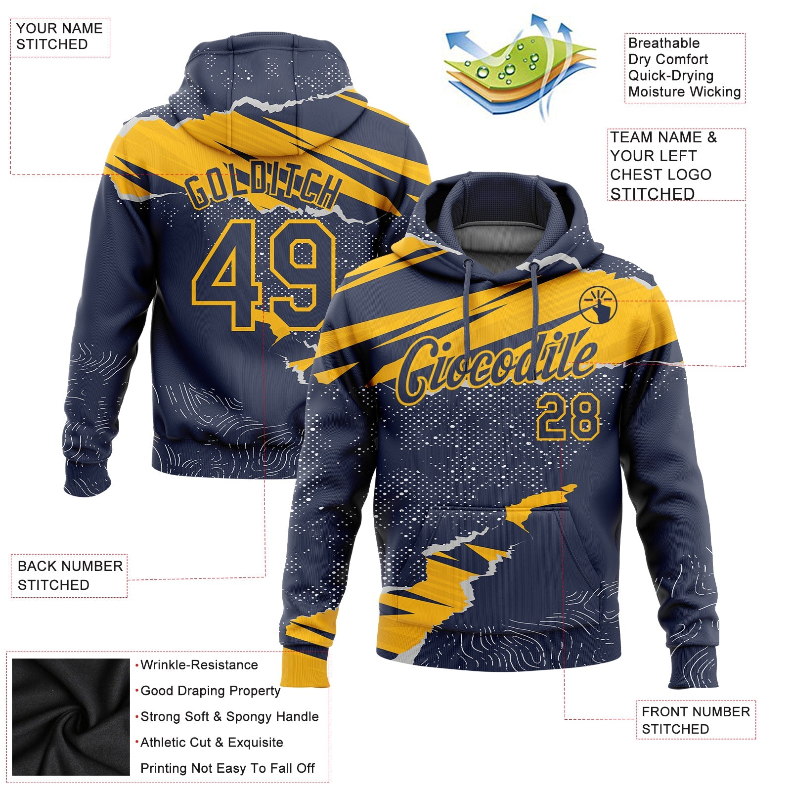 Custom Stitched Navy Gold 3D Pattern Design Torn Paper Style Sports Pullover Sweatshirt Hoodie view 2