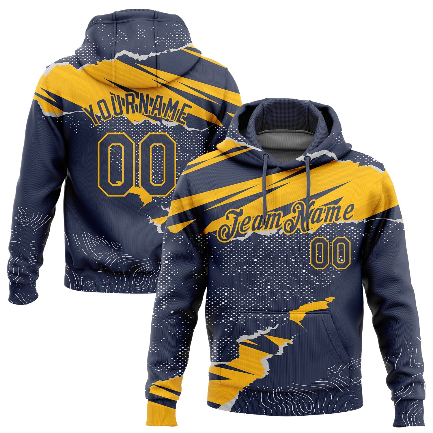 Custom Stitched Navy Gold 3D Pattern Design Torn Paper Style Sports Pullover Sweatshirt Hoodie - Main View