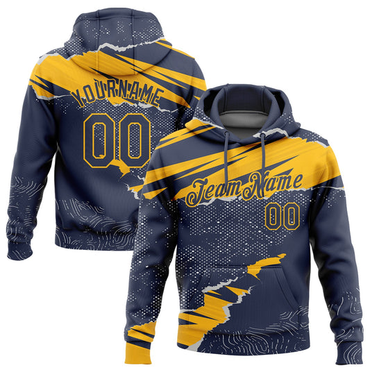 Custom Stitched Navy Gold 3D Pattern Design Torn Paper Style Sports Pullover Sweatshirt Hoodie - Main View