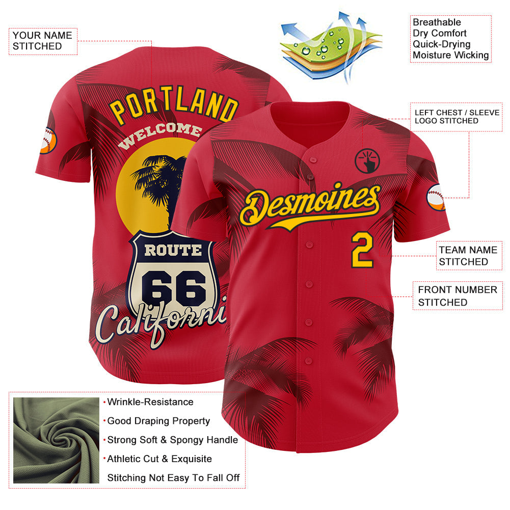Custom Red Yellow-Black Route 66 Tropical Palm Tree Americana Road Trip Authentic Baseball Jersey view 3
