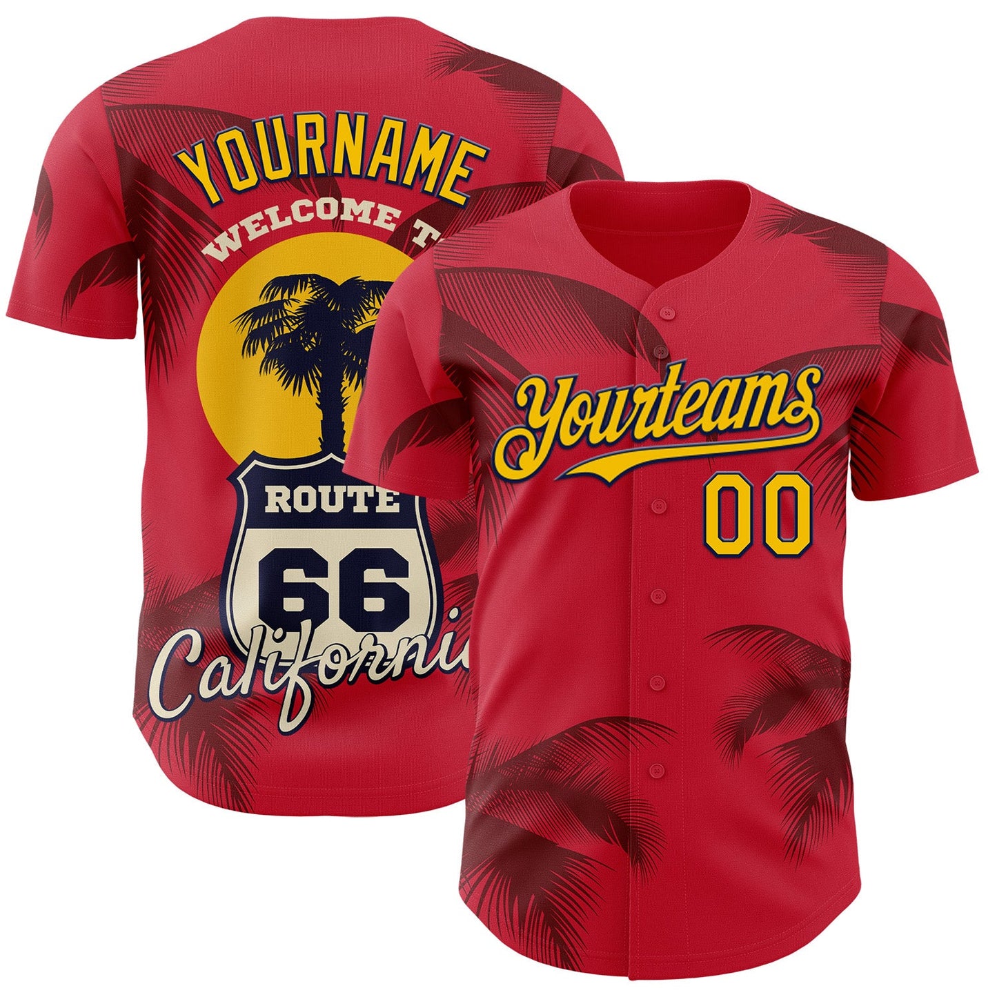 Custom Red Yellow-Black Route 66 Tropical Palm Tree Americana Road Trip Authentic Baseball Jersey - Main View