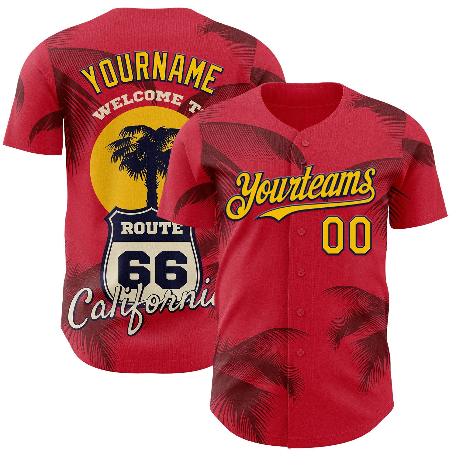 Custom Red Yellow-Black Route 66 Tropical Palm Tree Americana Road Trip Authentic Baseball Jersey - Main View