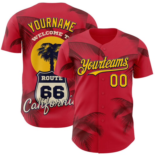 Custom Red Yellow-Black Route 66 Tropical Palm Tree Americana Road Trip Authentic Baseball Jersey - Main View