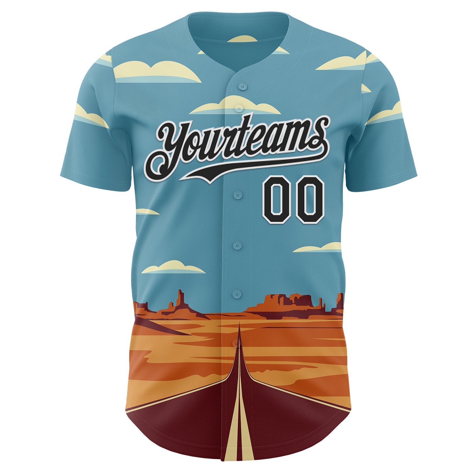 Custom Blue Black-White Route 66 Desert Americana Road Trip Authentic Baseball Jersey view 2