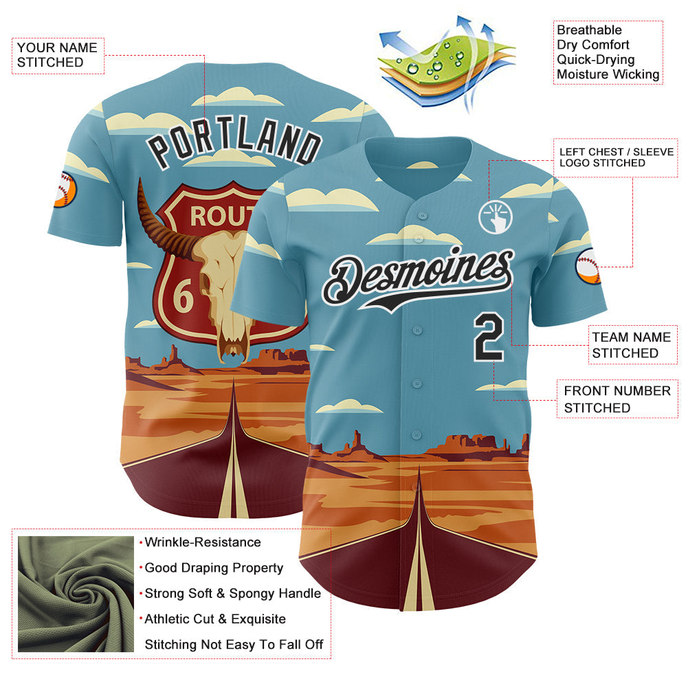 Custom Blue Black-White Route 66 Desert Americana Road Trip Authentic Baseball Jersey view 3