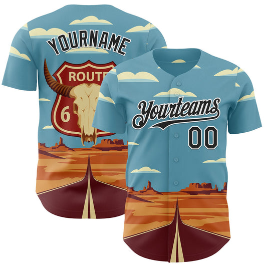 Custom Blue Black-White Route 66 Desert Americana Road Trip Authentic Baseball Jersey - Main View
