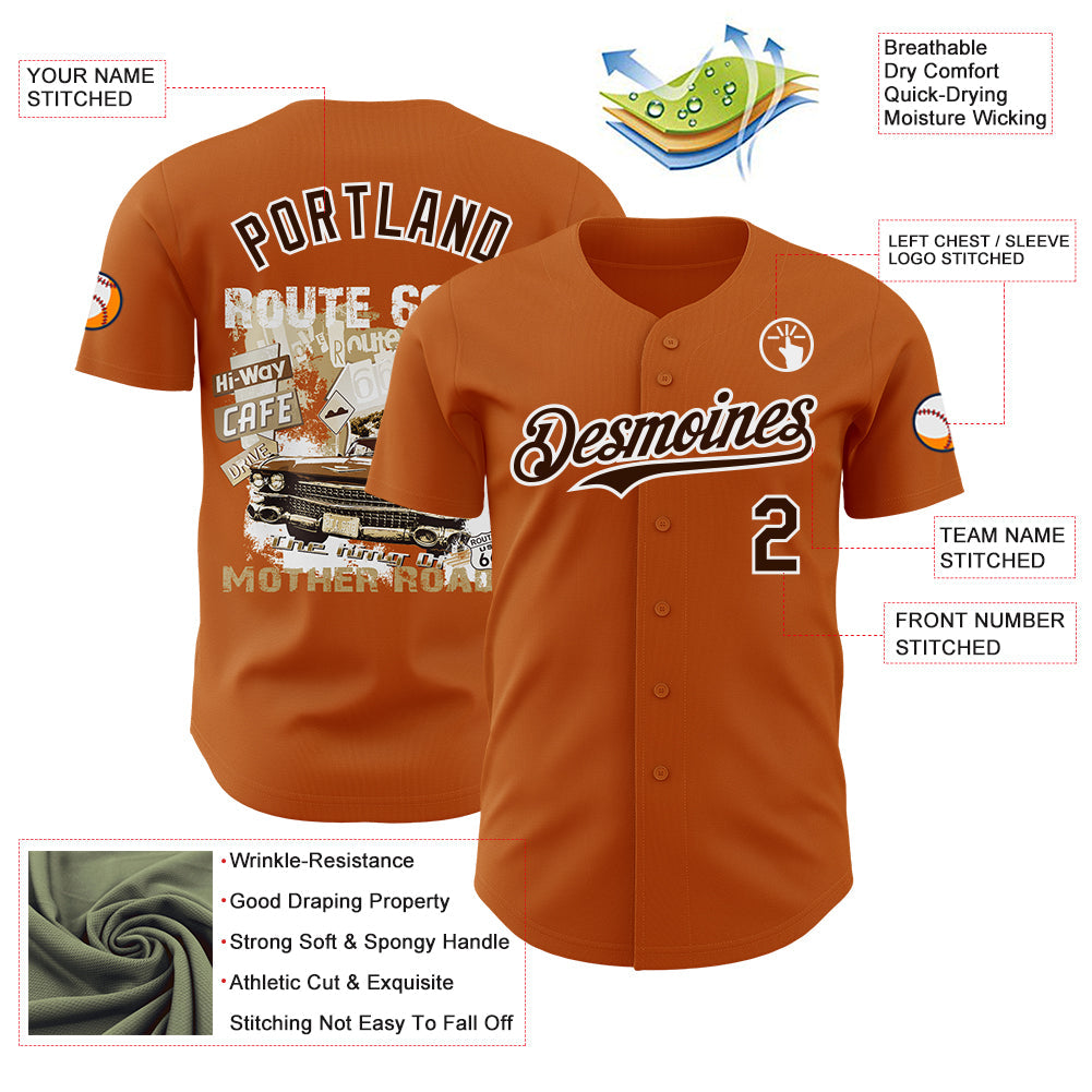 Custom Texas Orange Brown-White Route 66 Americana Road Trip Authentic Baseball Jersey view 3