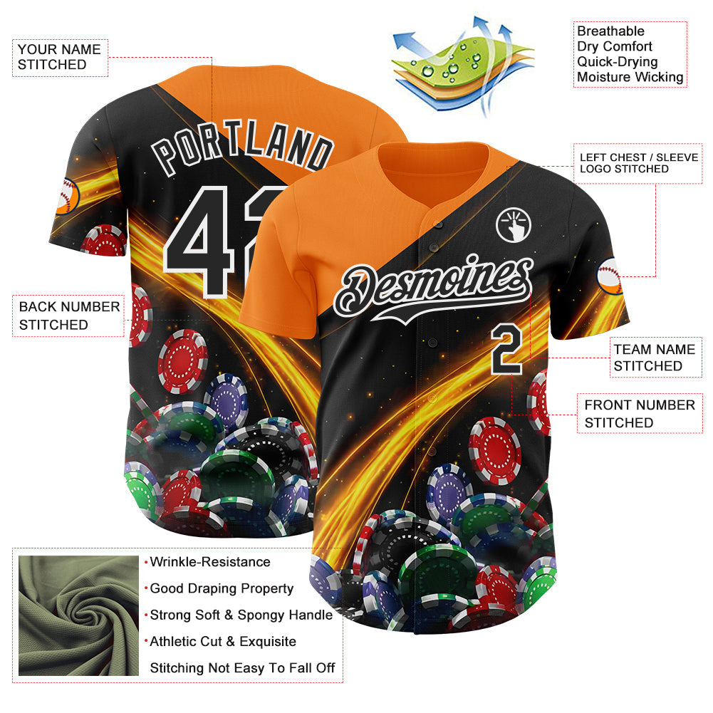 Custom Black Bay Orange-White Las Vegas Poker Club Authentic Baseball Jersey view 3